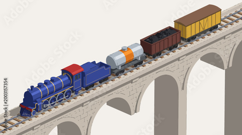 An artistic illustration of a vintage train traversing an arched bridge, showcasing nostalgia and adventure in transportation with a lively color palette.
