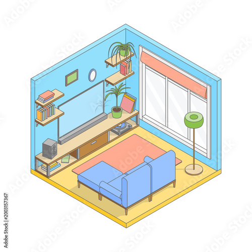 Vector isometric cute cartoon simple living room. Living room with wooden modern furniture, tv, sofa, floor lamp, shelves and large window. Minimalist modern interior