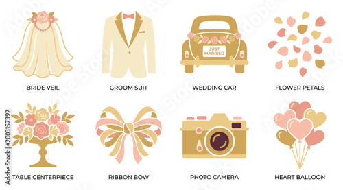 Collection of wedding icons including bride veil, groom suit, and wedding car