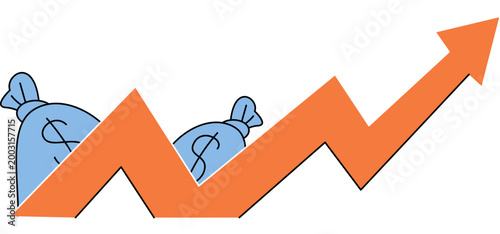 Orange upward arrow and blue money bags vector illustration. Financial growth, profit increase, market success, investment gains, economic recovery, wealth accumulation. Rising graph with cash sacks