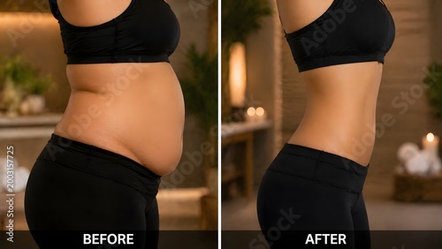Before and after waist contouring showing slimmer abdomen and defined curve