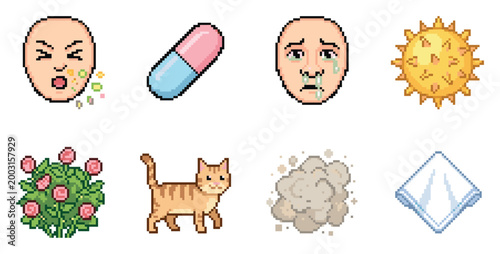Pixel art icons representing allergy symptoms and triggers like pollen and cats