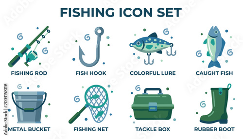 Collection of fishing equipment icons for outdoor recreation and hobbies