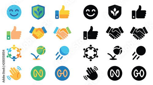 Collection of colorful and monochrome icons representing social interactions, positive emotions, and community engagement.