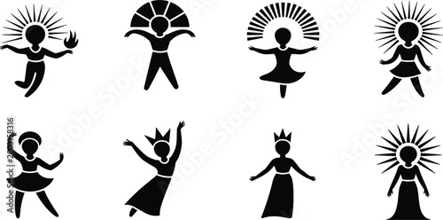 Stylized Silhouette Figures with Sunburst Headdresses and Flowing Dresses Keywords: silhouette, figure, person, human, dancer