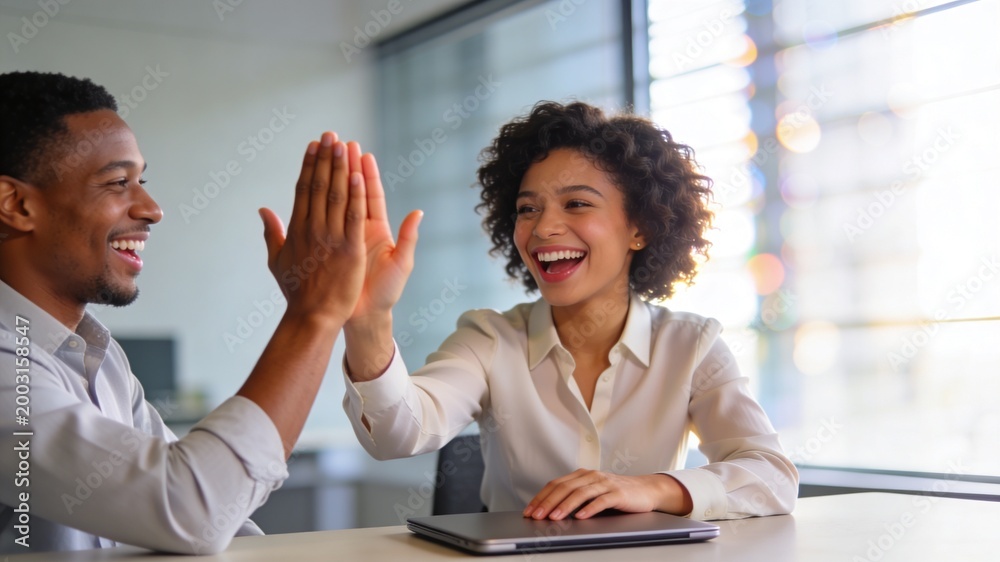 Obraz premium Diverse Business Team Celebrating Success with High Five in Modern Office, Authentic Candid Style