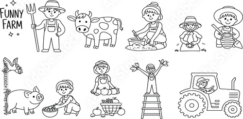 Whimsical black and white cartoon farm scene with farmers and animals funny farm child