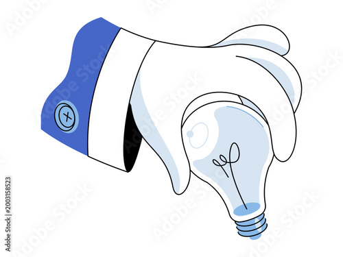 Hand in a blue sleeve holding a light bulb vector illustration. Startup growth, idea generation, business solutions, brainstorming, insight, creative vision. Human arm grasping lamp