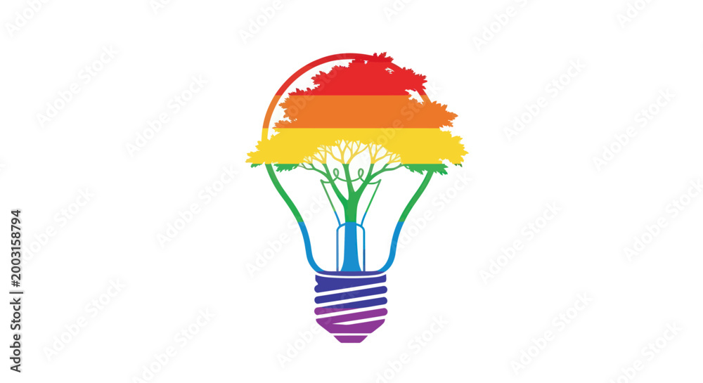 Fototapeta premium Rainbow light bulb with tree inside, representing eco-friendly LGBTQ+ pride ideas.