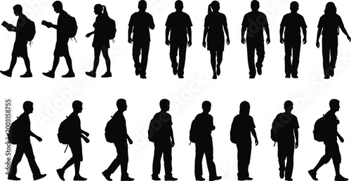 Silhouettes of diverse people walking with backpacks and books, student commuter lifestyle concept illustration for education and travel