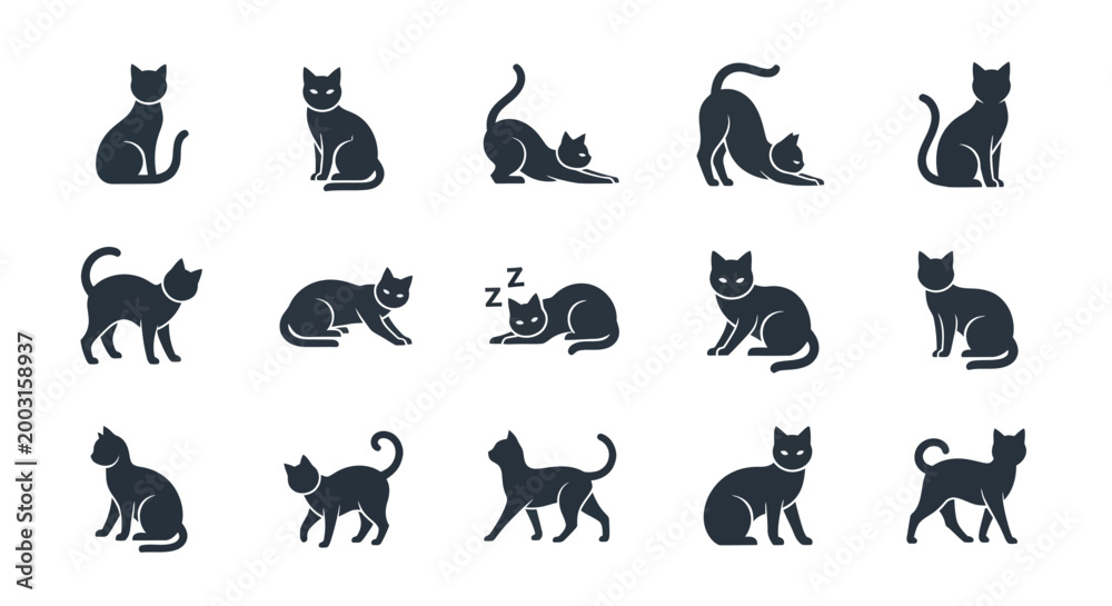 Fototapeta premium Black cat silhouettes set in various poses isolated on white background