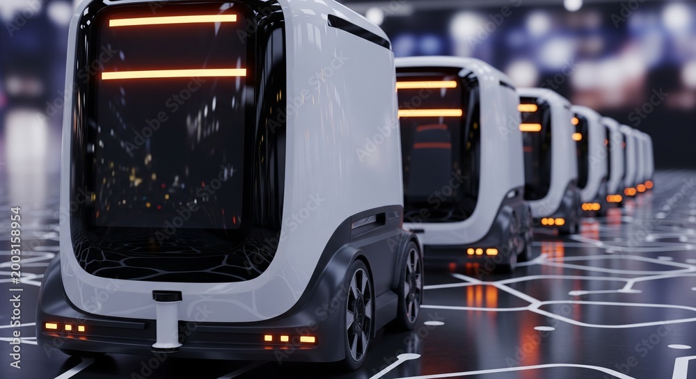 Obraz premium Futuristic Autonomous Delivery Robots Lined Up in a Row on a Smart City Pathway, Futuristic
