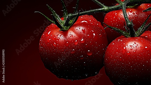Fresh juicy tomatoes with water drops.