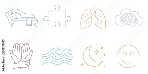 Set of icons representing mental health and wellness concepts