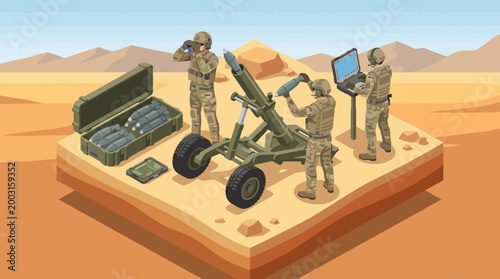 This illustration showcases military personnel engaging in strategic operations, emphasizing teamwork and technological sophistication in a desert battlefield environment.