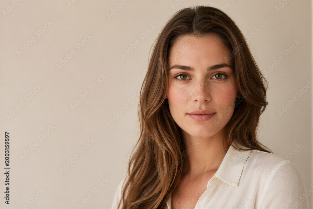 Obraz premium Elegant woman portrait on neutral background as natural beauty and skincare concept 