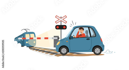A distracted female driver stops her blue car at a railway crossing as a train approaches. EPS Editable. Vector Illustrations.