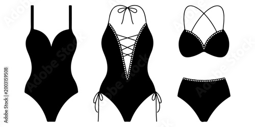 Women swimsuit silhouettes collection including one piece and bikini styles isolated on white background, summer beach fashion swimwear icons set