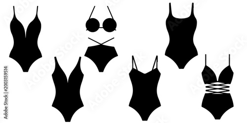 Women swimsuit silhouettes collection including one piece and bikini styles isolated on white background, summer beach fashion swimwear icons set