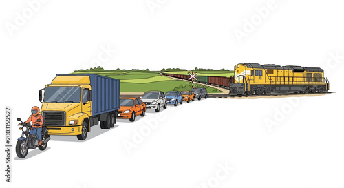 A digital illustration of a traffic jam caused by a train crossing the road. EPS Editable. Vector Illustrations.