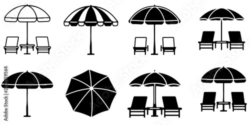 Umbrella silhouettes and beach parasol icons set isolated on white background, sunshade protection symbols collection for summer and weather design