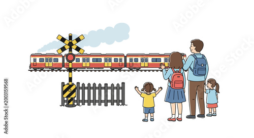 A family watching a train passing by at a railroad crossing. EPS Editable. Vector Illustrations.
