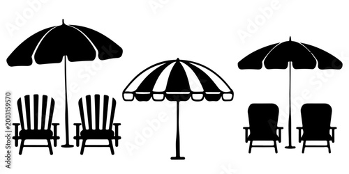 Beach chair silhouettes with parasols and lounge seating icons set summer vacation outdoor relaxation furniture collection, Tropical palm tree beach scene silhouettes with lounge chair and umbrella