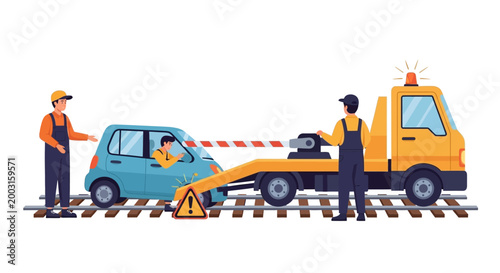 A flatbed tow truck removing a broken down car from railroad tracks. EPS Editable. Vector Illustrations.