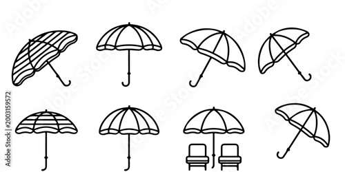 Umbrella silhouettes and beach parasol icons set isolated on white background, sunshade protection symbols collection for summer and weather design