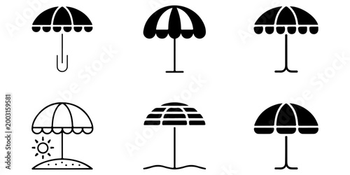 Umbrella silhouettes and beach parasol icons set isolated on white background, sunshade protection symbols collection for summer and weather design