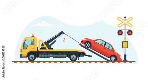 A flatbed tow truck transporting a broken red car on railway tracks. EPS Editable. Vector Illustrations.