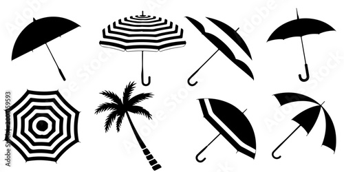 Umbrella silhouettes and beach parasol icons set isolated on white background, sunshade protection symbols collection for summer and weather design
