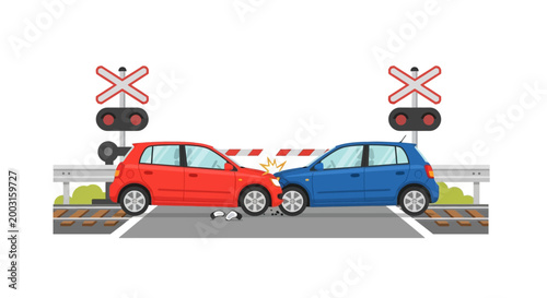 A red and blue car colliding at a railroad crossing illustration. EPS Editable. Vector Illustrations.