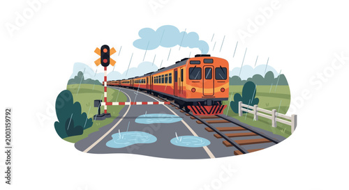 A vibrant orange passenger train traveling along tracks through a rainy landscape. EPS Editable. Vector Illustrations.