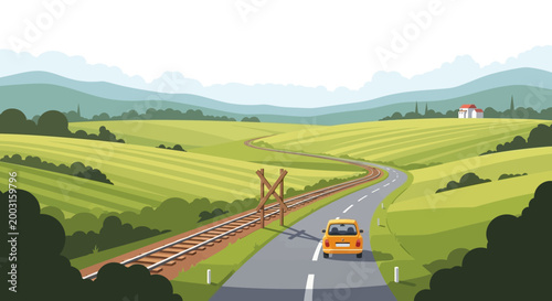 A small orange passenger car driving on a rural asphalt road. EPS Editable. Vector Illustrations.