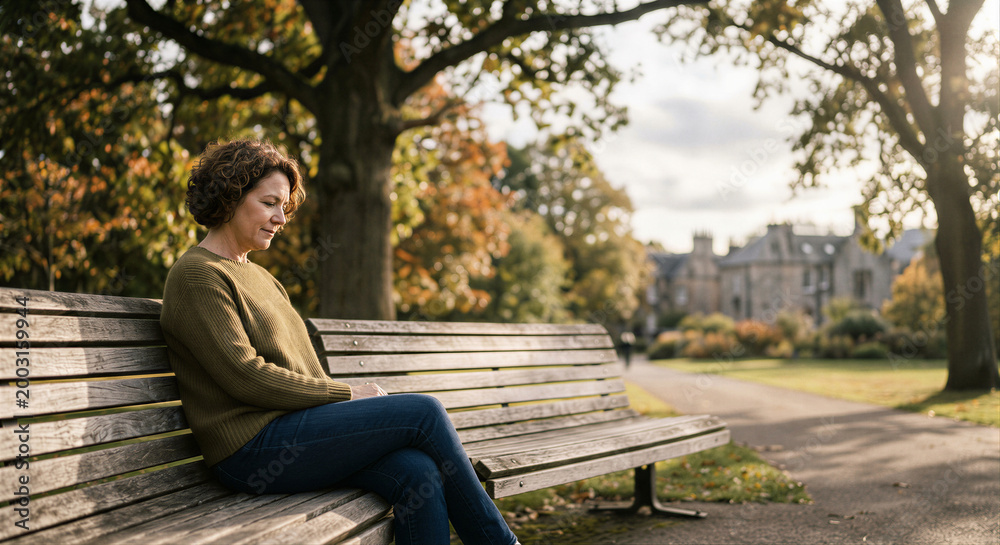 Fototapeta premium Woman sitting on park bench as mental health and peaceful lifestyle concept 