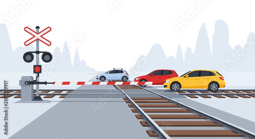 Cars waiting at a closed railroad crossing barrier. EPS Editable. Vector Illustrations.