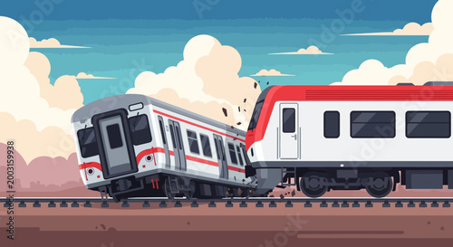 Cartoon illustration of a dramatic train collision and derailment incident. EPS Editable. Vector Illustrations.