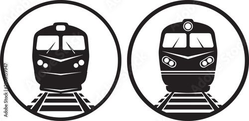 Two train icons in black and white with locomotive railroad transport transportation monochrome illustration carriage engineering industry collection contrast minimalist