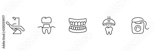 Dentist icon set featuring professional dental chair clinic light examining mirror explorer tool tooth extraction forceps and syringe vector illustration.