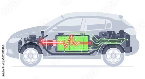 Electric vehicle car battery technology and power flow schematic diagram. EPS Editable. Vector Illustrations.