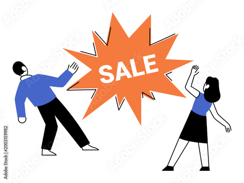 Man and woman reacting to a giant orange sale starburst vector illustration. Retail marketing, clearance, shopping, price reduction, promotion, discount. Couple gesturing toward sticker