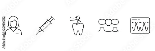Dentist icon set featuring professional female dental doctor anesthesia syringe tooth drilling procedure dental bridge implant and teeth xray film.