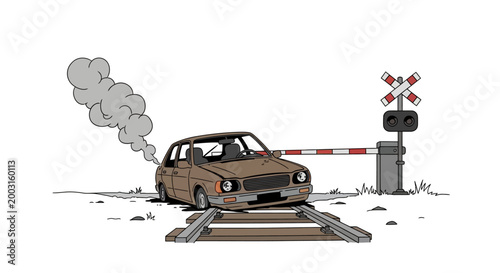 Illustration of a broken down car stuck on railroad tracks. EPS Editable. Vector Illustrations.