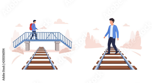 Illustration showing safe and dangerous behavior on railroad tracks. EPS Editable. Vector Illustrations.