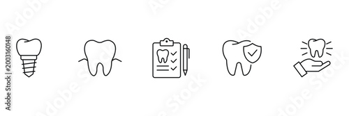 Dentist icon set featuring professional dental implant molar tooth surgery medical clipboard checklist shield protection and hand holding shining tooth vector illustration.