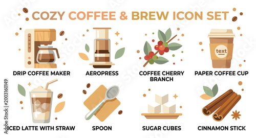 Cozy coffee and brew icon set for cafe and beverage design