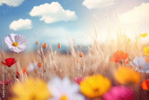 Summer poppy flowers blooming on a field outdoor. Nature concept.