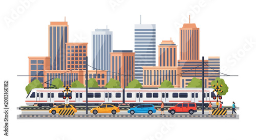 Modern commuter train passing through a busy urban city street with traffic. EPS Editable. Vector Illustrations.