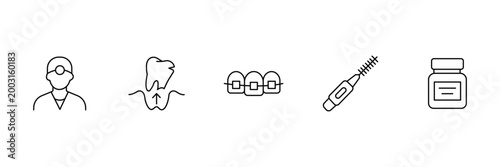 Dentist icon set featuring professional dental doctor tooth extraction procedure orthodontic braces interdental brush and medicine bottle vector illustrations for healthcare.